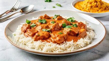 Chicken curry served over a bed of rice, garnished with cilantro, with a side dish in the background.