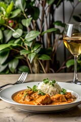 Chicken curry with rice, garnished with cilantro, served with white wine in a lush green setting.