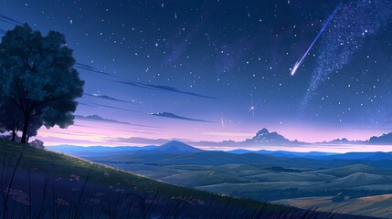 A beautiful night sky with a bright star and a comet. Anime background. Anime sky. Anime wallpaper