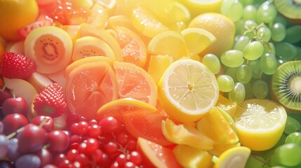 Rainbow colored background with fruits and vegetables, apples oranges kiwi grapes tomatoes cherry salad lemon grapes watermelon,