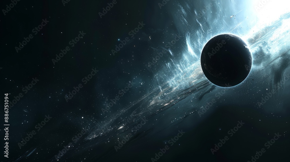 Poster a black hole dominates the center of the image, its immense gravity warping the surrounding spacetim