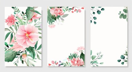 Obraz premium A set of three greeting or wedding invitation cards with pink roses. Beautiful flower design. Floral illustration.