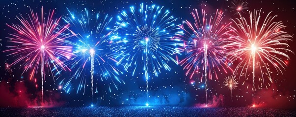 Naklejka premium Vibrant Fireworks Display with Blue, Red, and White Sparks in Night Sky