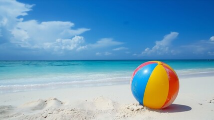 Obraz premium A beach ball is sitting on the sand next to the ocean. The sky is blue and there are clouds in the background