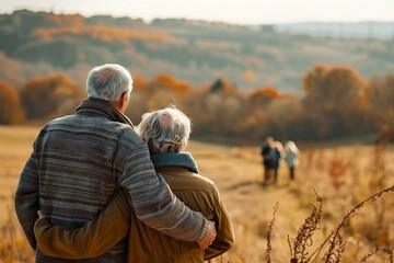 A couple of older people are standing in a field, one of them wearing a brown jacket. They are holding hands and looking at something in the distance. The scene has a peaceful and romantic mood