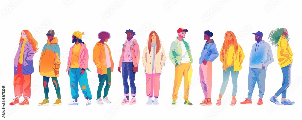 Poster a group of different people standing in line on a white background in a colorful style generative ai