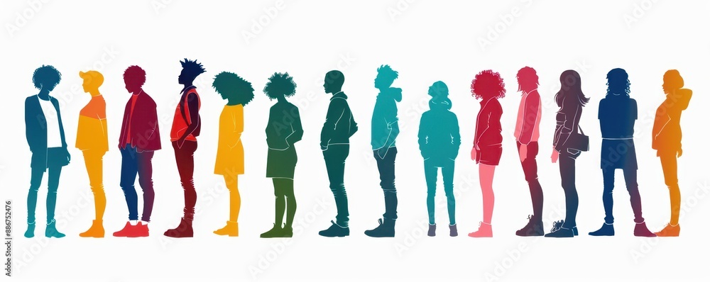 Poster group of different people standing in a row as silhouettes with color accents on a white background 