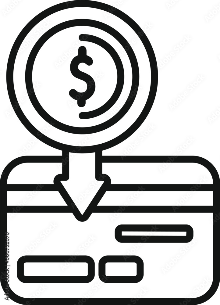 Poster simple line art icon of a dollar coin with a downward arrow pointing to a credit card, representing 