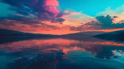 Sunset on the lake calm water reflects