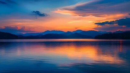 Fototapeta premium Sunset on the lake calm water reflects img