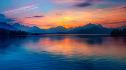 Sunset on the lake calm water reflects picture