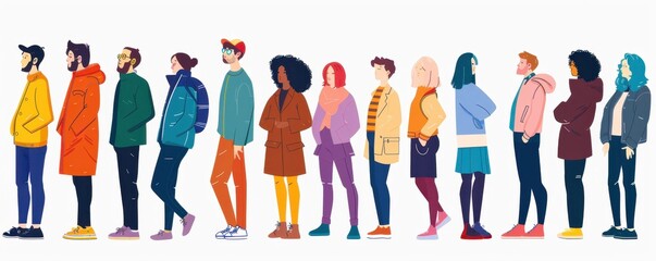 a group of different people standing in line on a white background in a colorful style Generative AI