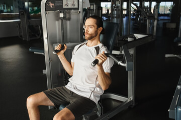 An athletic man in active wear sits on a bench in a gym, pausing between sets with a focused...