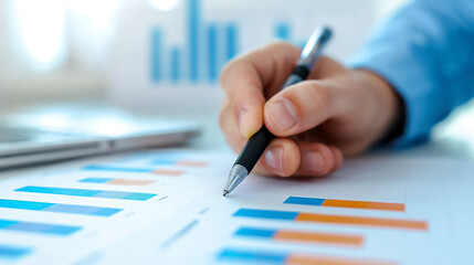 Close-up of a hand holding a pen, analyzing financial graphs and charts on paper. The background features a laptop, emphasizing a business and financial analysis setting.