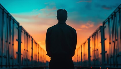 Silhouette of a person directing transportation logistics with realtime data, Silhouette logistics transportation manager operations, Realtime management