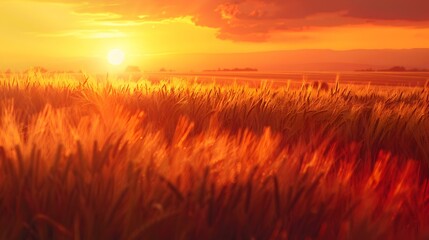 Fototapeta premium Sunset over the countryside where the wheat fields image