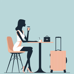 Stylish faceless woman at  airport  drinks coffee . flat vector illustration 