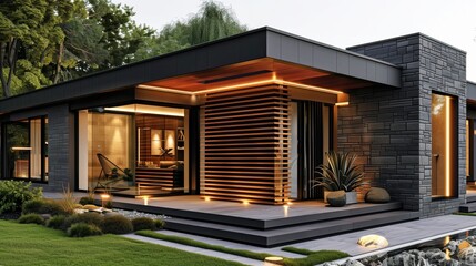 Fototapeta premium Modern house with wooden accents, grey stone walls, and large windows, perfect for architectural photography