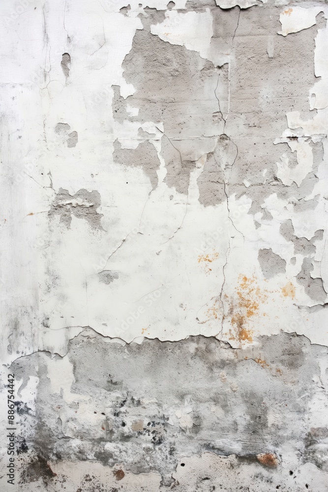 Poster weathered wall with peeling gray brown patches. close-up view from below emphasizes height grandeur 