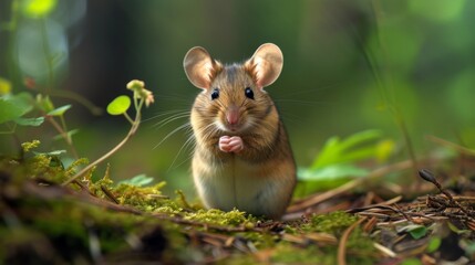 A tiny wood mouse standing on its hind legs