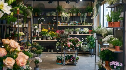 Interior of a modern flower shop filled