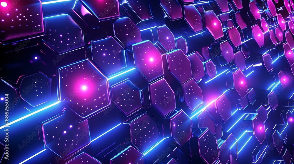 Poster a futuristic abstract background featuring a seamless hexagon pattern with vibrant glowing lights in