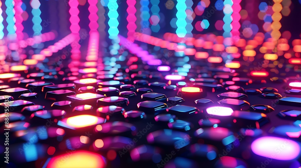 Poster a high-tech themed abstract backdrop with a grid of hexagons illuminated by bright neon lights in va