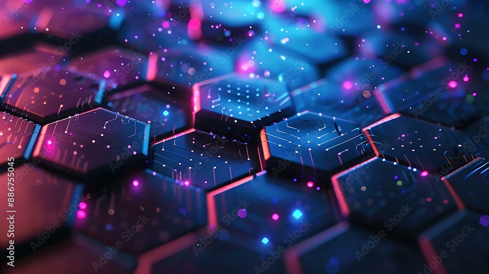 Poster a futuristic abstract background featuring a seamless hexagon pattern with vibrant glowing lights in