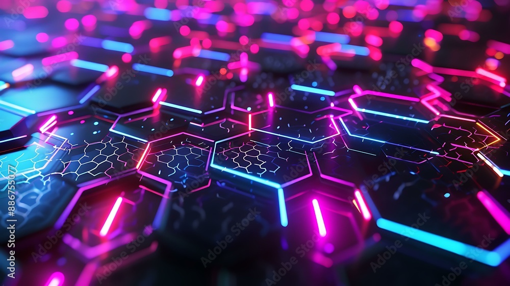 Poster a high-tech themed abstract backdrop with a grid of hexagons illuminated by bright neon lights in va