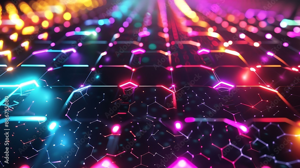 Poster a high-tech themed abstract backdrop with a grid of hexagons illuminated by bright neon lights in va