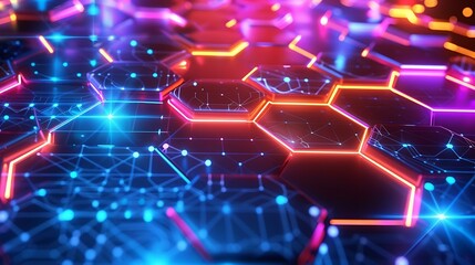 Fototapeta premium A high-tech themed abstract backdrop with a grid of hexagons illuminated by bright neon lights in various colors