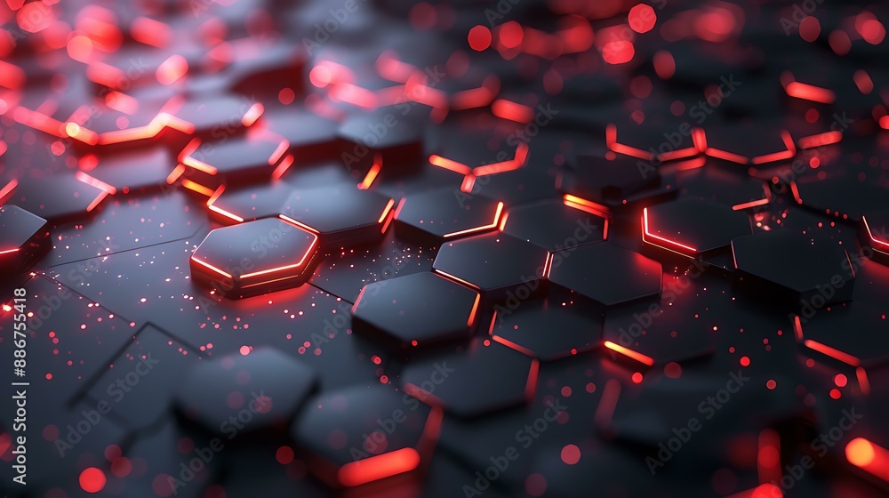 Poster an abstract geometric background with interconnected hexagons and glowing lights, creating a sleek a