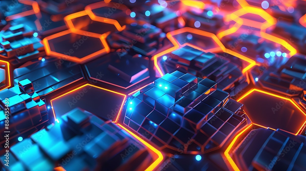 Poster an abstract geometric background with interconnected hexagons and glowing lights, creating a sleek a