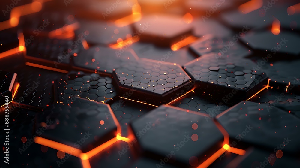 Poster an abstract geometric background with interconnected hexagons and glowing lights, creating a sleek a