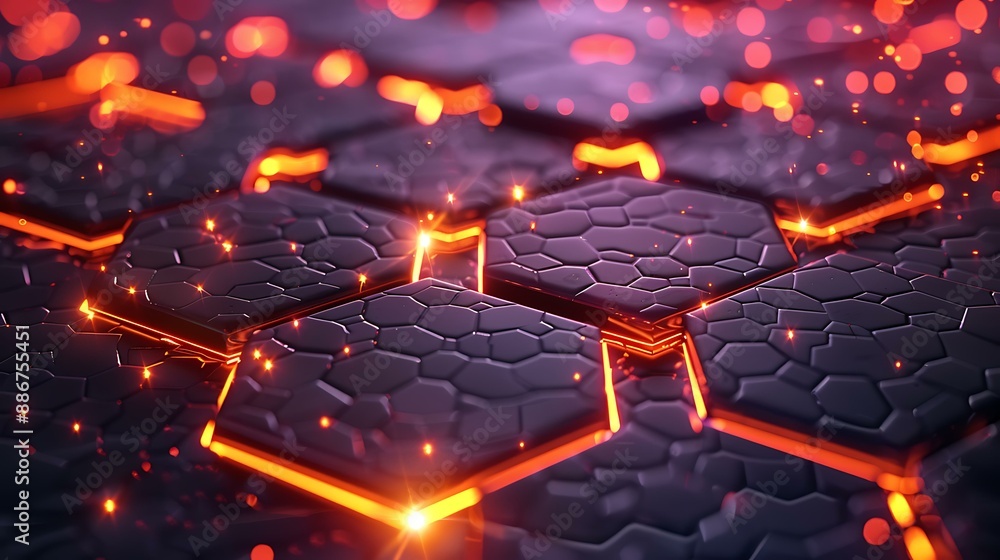 Poster an abstract geometric background with interconnected hexagons and glowing lights, creating a sleek a