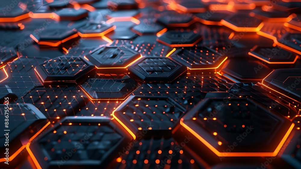 Poster an abstract geometric background with interconnected hexagons and glowing lights, creating a sleek a