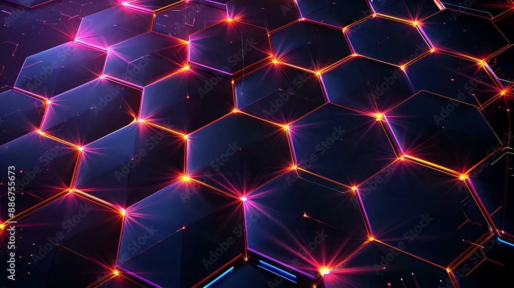 Poster An elegant hexagonal design with luminous lights creating a dynamic and modern abstract background in a dark gradient