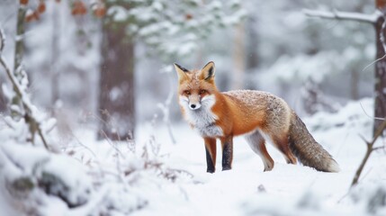 Obraz premium A red fox standing alertly in a snowy forest