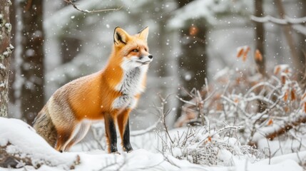 A red fox standing alertly in a snowy forest