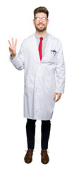Young handsome scientist man wearing glasses showing and pointing up with fingers number three...