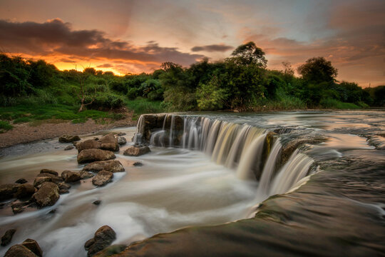 Aerial view of Parigi Waterfall at sunset, Bekasi City, West Java, Indonesia
