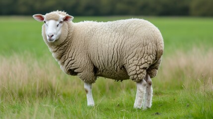 Obraz premium A detailed side view of a sheep standing in a grassy field