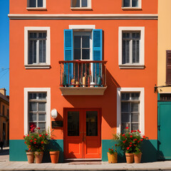 Fototapeta premium Colorful Orange Building with Blue Shutters and Flower Pots in the Sun