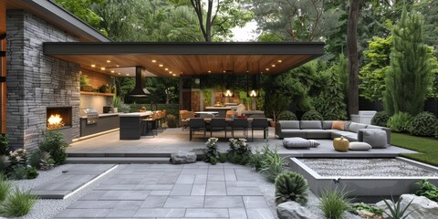 Modern Backyard Oasis with Outdoor Kitchen and Lounge Area
