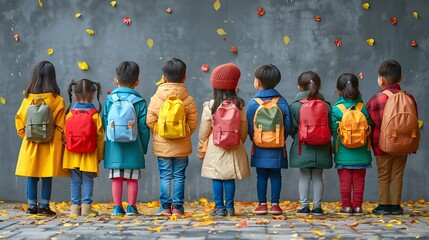 Obraz premium Children having fun outdoors school bags group child education wall enjoy pink yellow green light