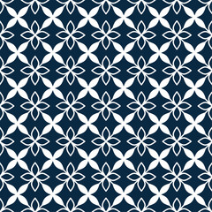 Seamless geometric pattern, with beautiful white four-petal leaf shapes on a dark blue background. Suitable for various design purposes of textiles, tiles, wallpapers, backgrounds, etc.