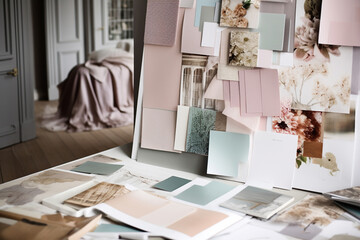 Designer mood board with materials and color swatches in soft pastel neutral colors