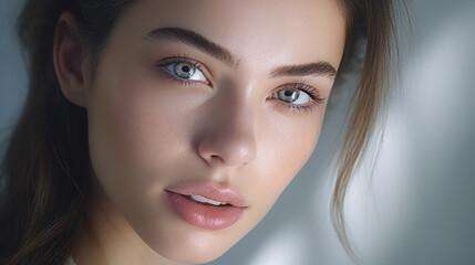 Close-up of a young woman with blue eyes and natural makeup