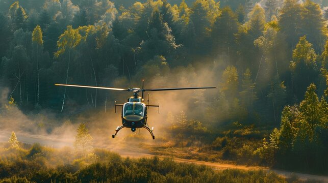 A light helicopter taking off from a small