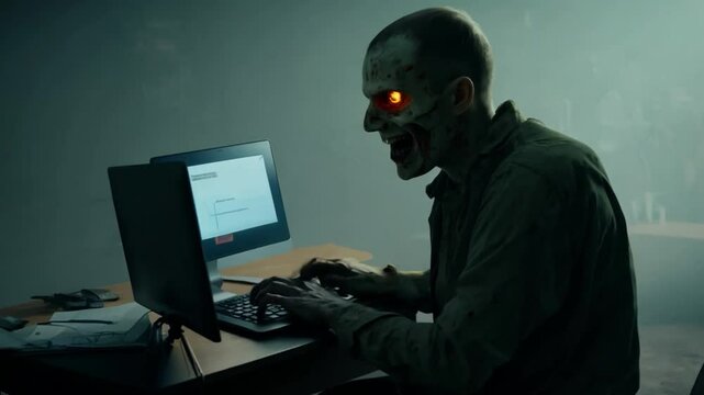 a frightening zombie using a laptop at a desk to work on a computer